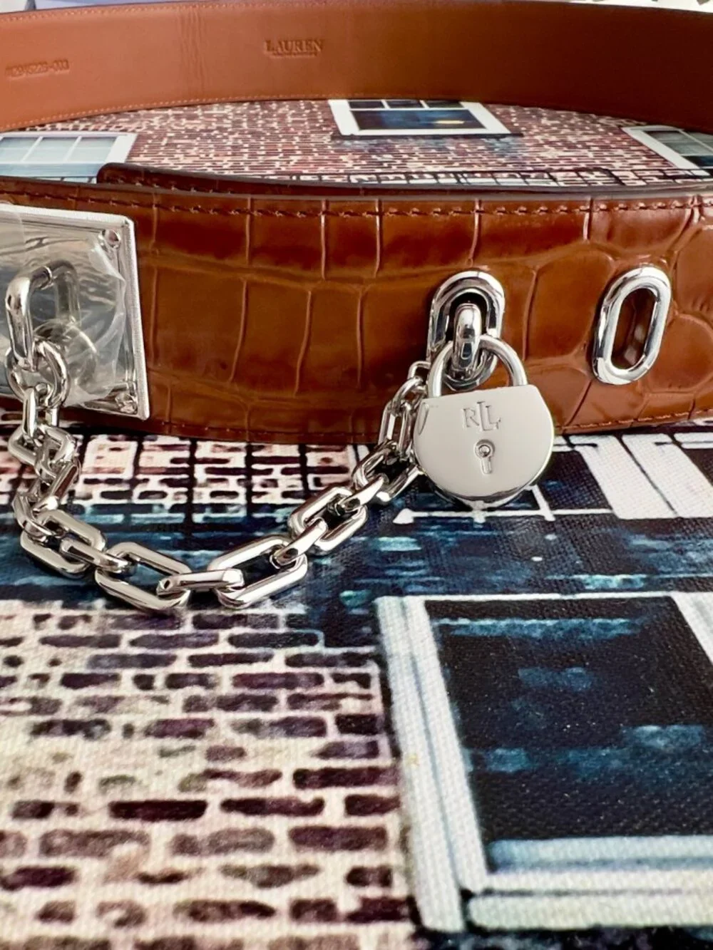 Ralph Lauren Croc embossed chain padlock leather belt. Size 2x